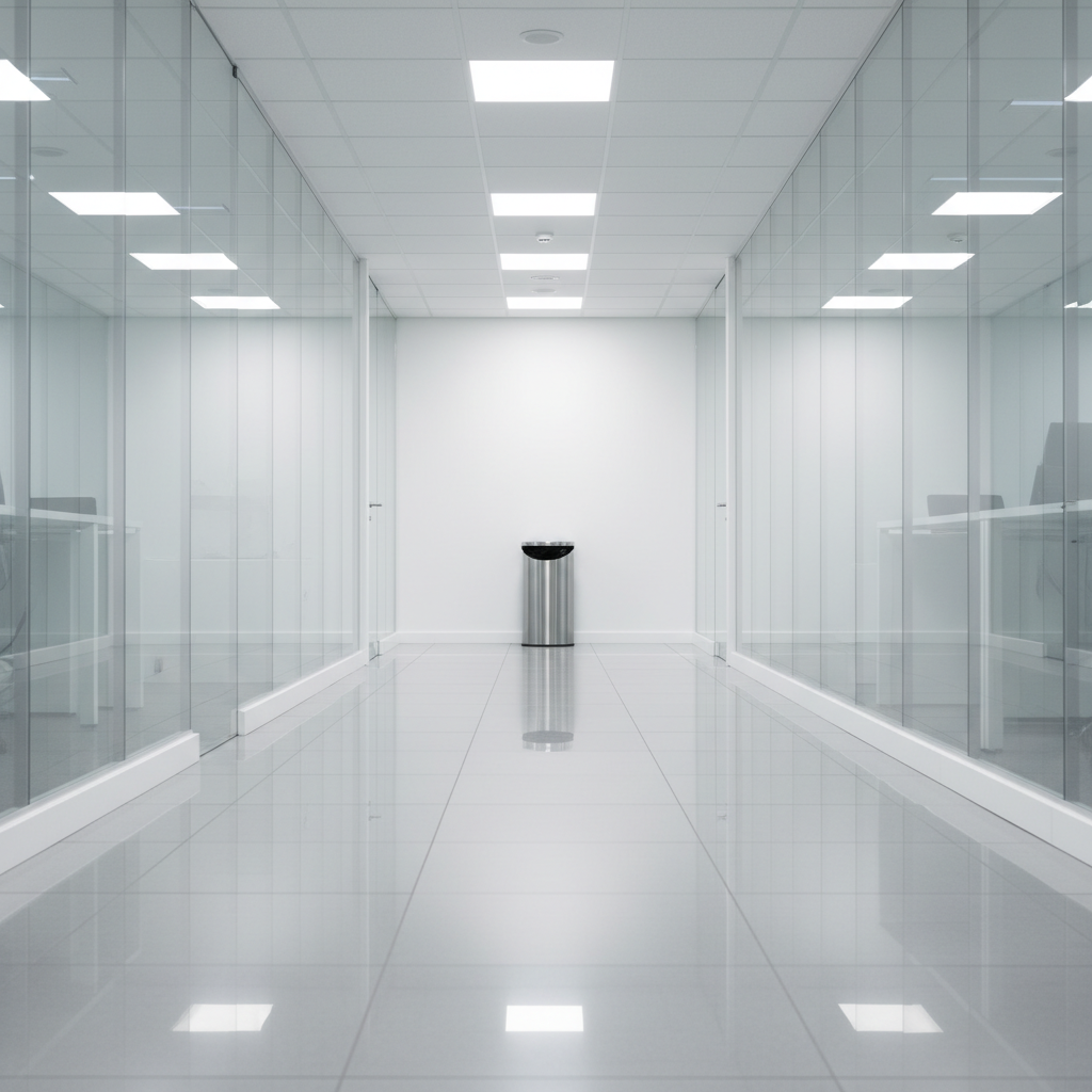 A bright, immaculate office corridor with glossy light-gray tiled floors, freshly polished to a mirror-like sheen, stretching into the distance. Along the walls, pristine white baseboards and smooth, fingerprint-free glass partitions reflect soft overhead LED lighting. At the far end, a sleek stainless steel trash bin with a fitted liner sits perfectly aligned with the wall. The lighting is cool and even, eliminating harsh shadows and reinforcing a clinical level of cleanliness. Captured with a centered, slightly low-angle perspective in photographic realism, the composition conveys order, efficiency, and a highly professional commercial cleaning environment.