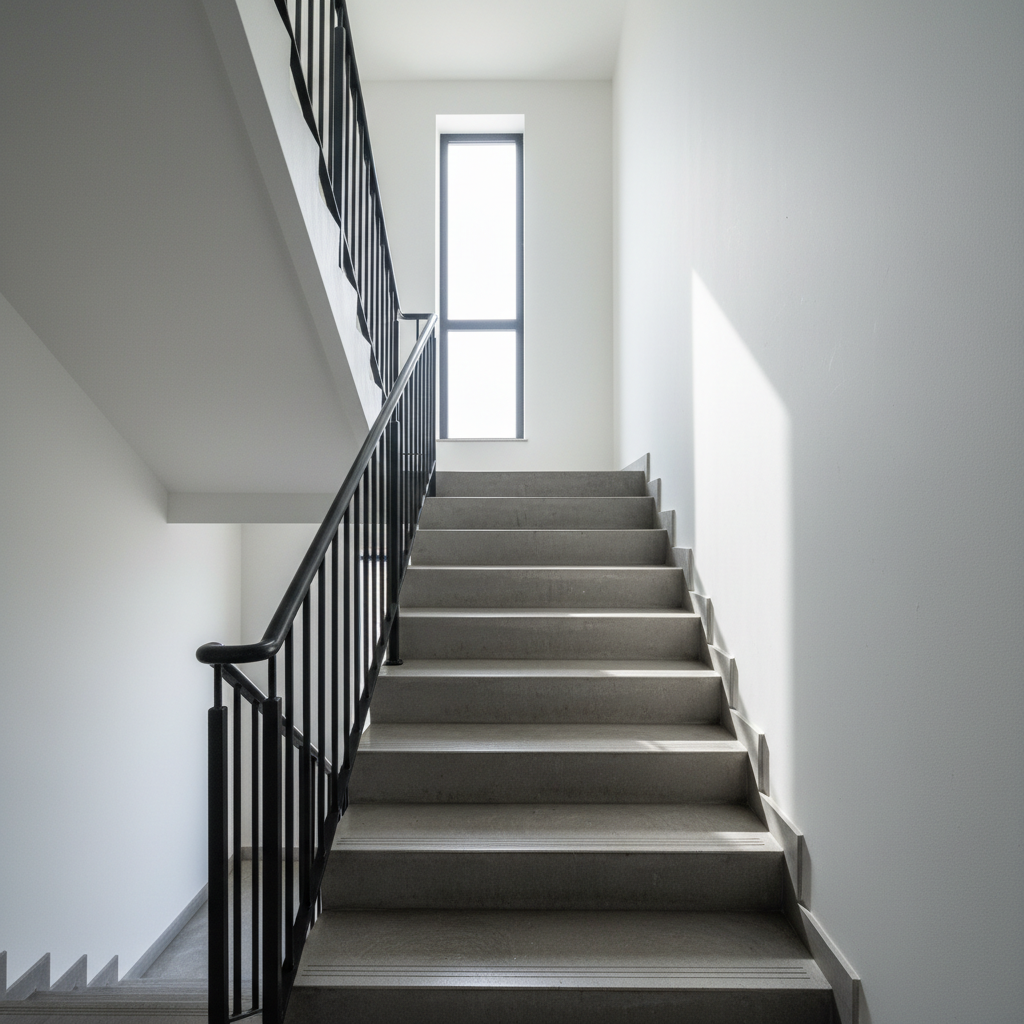 An ultra-clean stairwell in a modern apartment building, captured in photographic realism: smooth concrete steps freshly swept and mopped, with no dust in the corners, and a matte black metal handrail free of smudges. The walls are painted bright white, showing no marks or stains. Light from a high rectangular window pours in, creating diagonal beams across the steps and soft, elongated shadows that underscore the cleanliness of edges and corners. Shot from a slightly elevated angle, the composition leads the eye upward, conveying reliability, thoroughness, and long-term maintenance for shared residential spaces and condominiums.