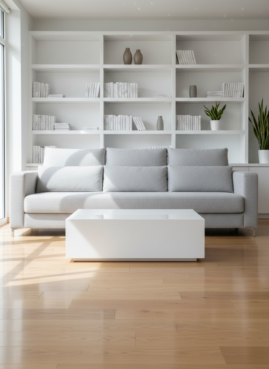 A spotless, modern living room freshly cleaned, with a light gray fabric sofa, perfectly aligned cushions, and a low white lacquer coffee table reflecting subtle shine. The floor is a flawlessly mopped light oak wood, with crisp reflections of the surroundings. In the background, minimalist white shelving holds neatly arranged, dust-free objects and a single healthy green plant. Soft morning daylight streams through a large unseen window, casting gentle, clean-edged shadows and emphasizing the sense of hygiene. Photographic realism, eye-level composition with sharp focus throughout, creating a calm, professional, and trustworthy atmosphere, ideal to represent a meticulous residential cleaning service.