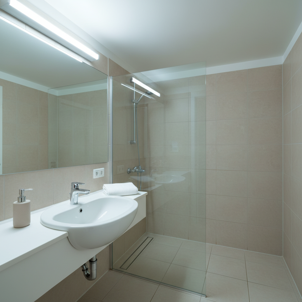 A sparkling, fully sanitized bathroom in photographic realism: a white ceramic sink with chrome faucet, polished to a mirror finish without a single water spot, and a pristine glass shower wall without streaks or soap residue. Large, light-beige tiles on the floor and walls show meticulously cleaned grout lines. On the countertop, a single neatly folded white hand towel sits beside a small, closed pump bottle of neutral hand soap. Soft, cool-toned LED lighting from above creates clear, shadowless illumination that reveals every surface as spotless. The mood is hygienic, calm, and reassuring, ideal for highlighting deep cleaning services.