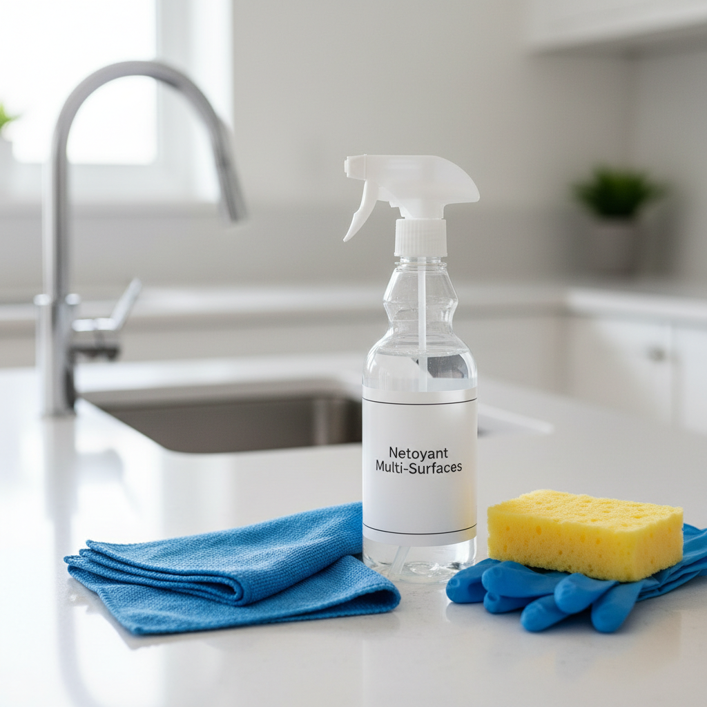 A close-up, photographic realism shot of professional cleaning supplies neatly arranged on a smooth white countertop: a bright blue microfiber cloth folded with precision, a transparent spray bottle filled with crystal-clear liquid and a subtle label reading “Nettoyant Multi-Surfaces,” a yellow non-scratch sponge, and a pair of neatly placed blue nitrile gloves. Behind them, a blurred, spotless kitchen surface with a stainless-steel sink and shining chrome faucet reflects soft natural light. The lighting is diffused and even, coming from a nearby window, creating gentle highlights on plastic and metal surfaces. The mood is efficient, organized, and reassuring, emphasizing high-quality tools and attention to detail.