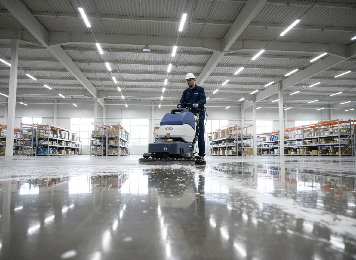 Récureuse professionnelle en action sur un grand plancher commercial