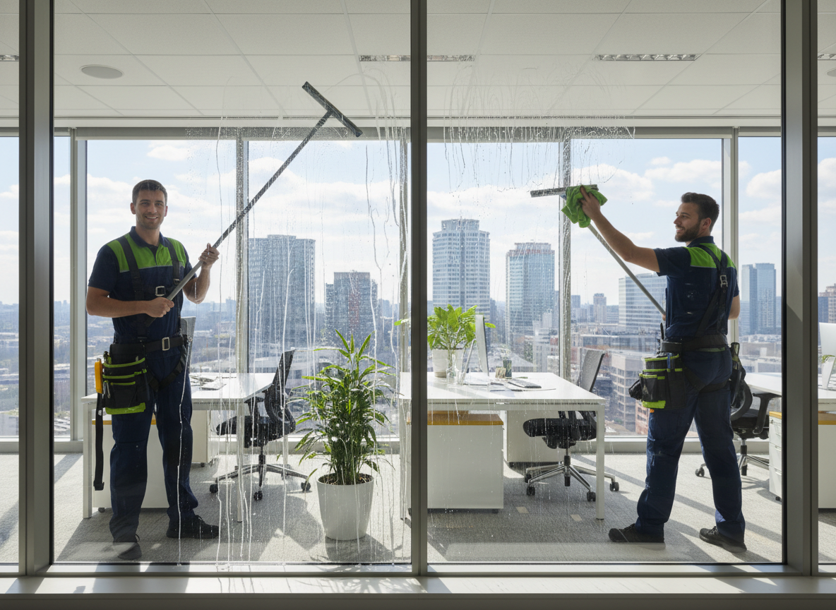 Équipe de nettoyage professionnelle lavant des vitres de bureau