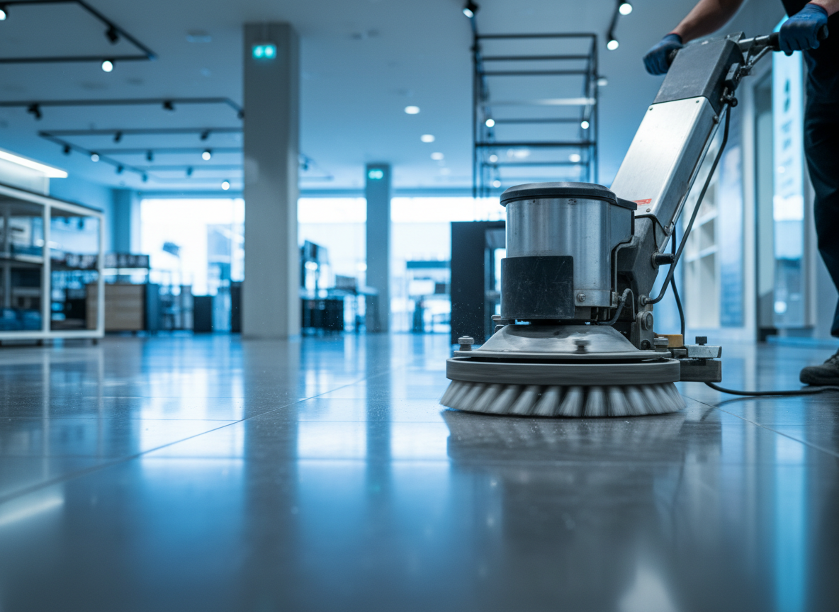 Monobrosse professionnelle polissant un plancher de commerce