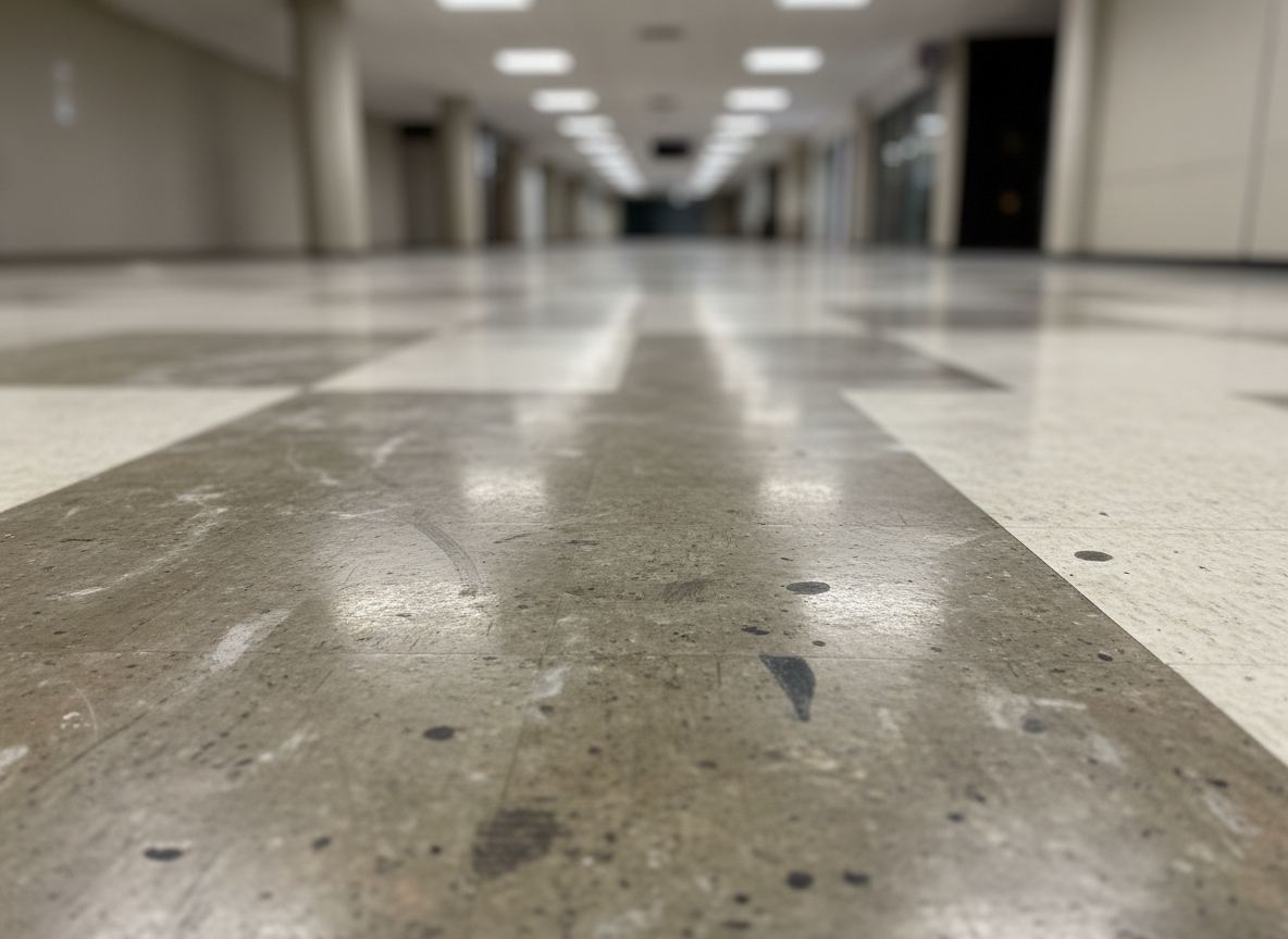 Photographie réaliste de service de nettoyage, format paysage, vue rapprochée d'un plancher commercial en vinyle ou béton ciré avant intervention. Le sol est visiblement terne et taché avec des traces de chaussures, poussière et marques d'usure, mais l'image reste professionnelle et crédible, dans un hall ou un commerce vide. Composition conçue pour être comparée côte à côte avec une photo après nettoyage. Sans texte, sans logo, sans personne reconnaissable.